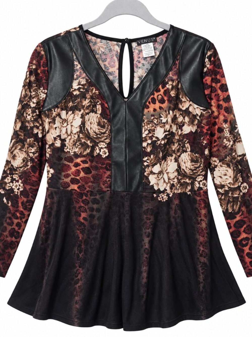 VENUS 1X Women's Floral & Animal Print Faux Leather Trim Peplum Top